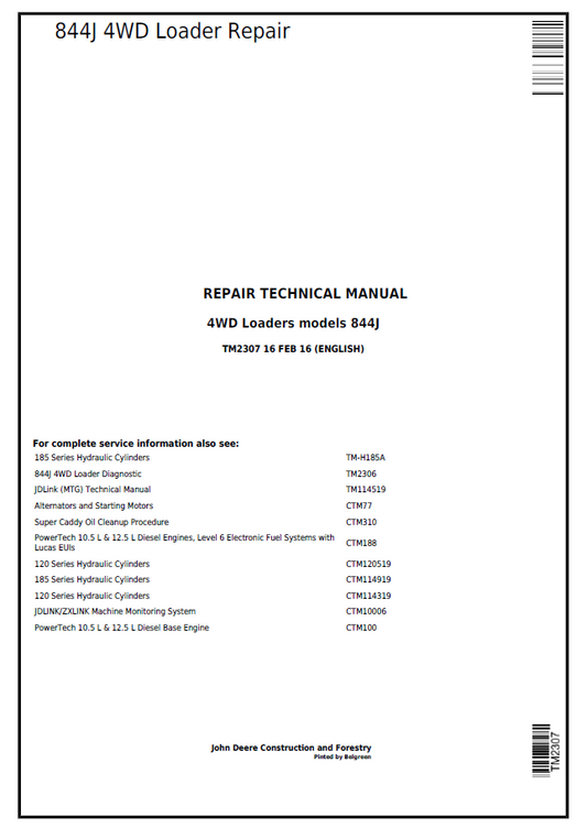 John Deere 4WD Loaders models 844J Repair Technical Manual TM2307 PDF 