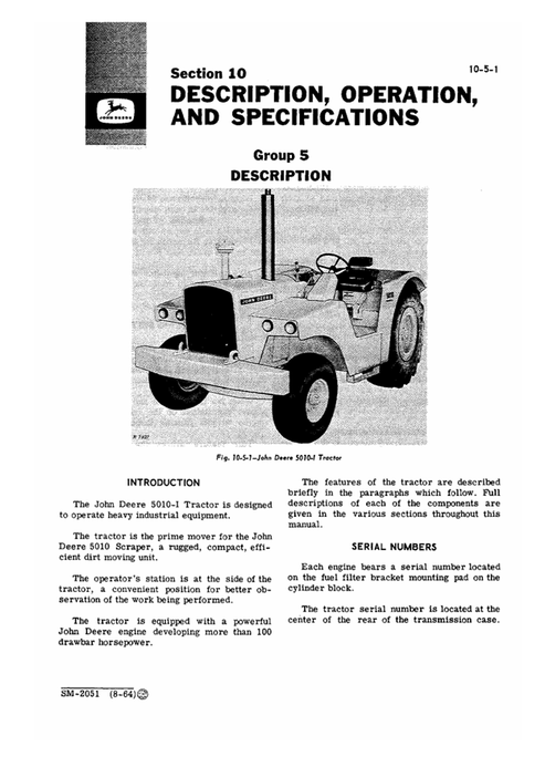 John Deere 5010-I Tractor Maintenance & Repair Manual SM2051