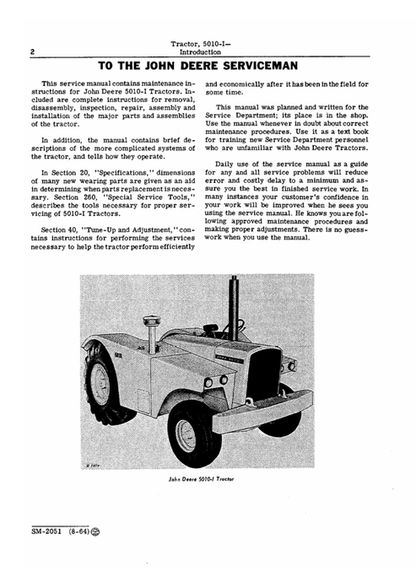 John Deere 5010-I Tractor Workshop Service Manual SM2051