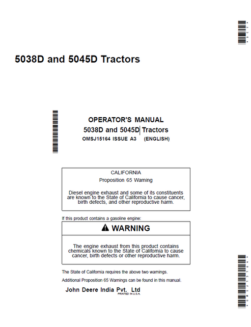 John Deere 5038D 5045D Tractor Operator Manual OMSJ15164 PDF