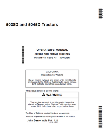 John Deere 5038D 5045D Tractor Operator Manual OMSJ15164 PDF