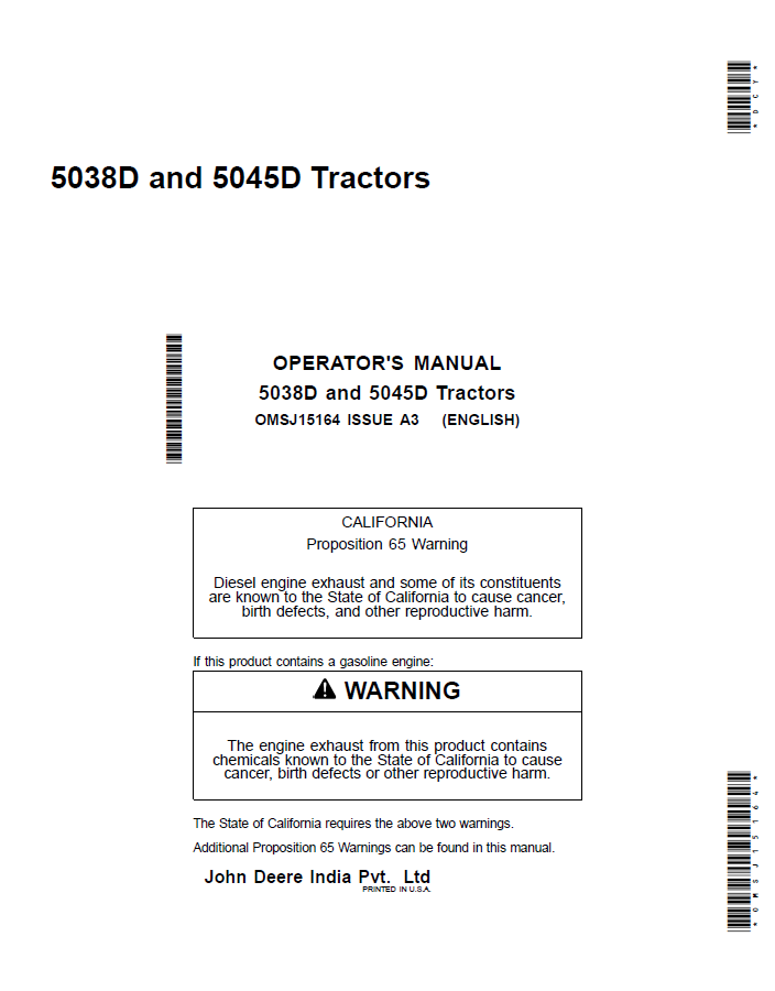 John Deere 5038D and 5045D Tractors Operator Manual OMSJ15164 PDF
