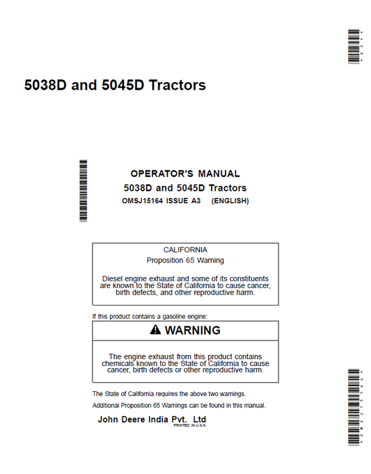 John Deere 5038D and 5045D Tractors Operator Manual OMSJ15164 PDF
