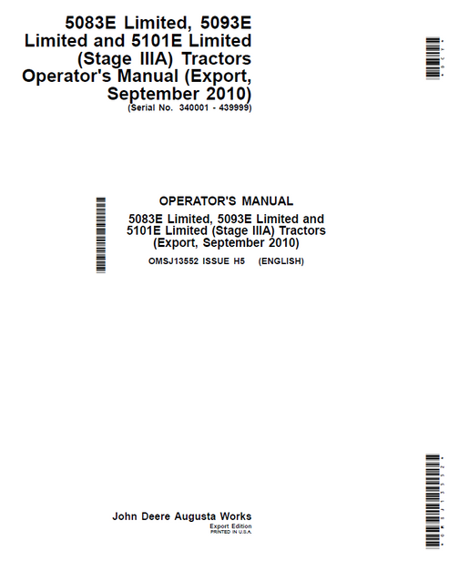 John Deere 5083E 5093E 5101E Tractor Operator Manual OMSJ13552