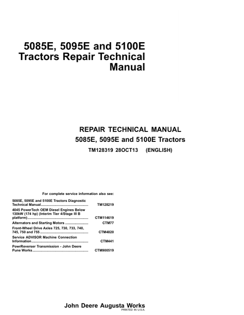 John Deere 5085E 5095E 5100E Tractor Repair Manual TM128319 PDF