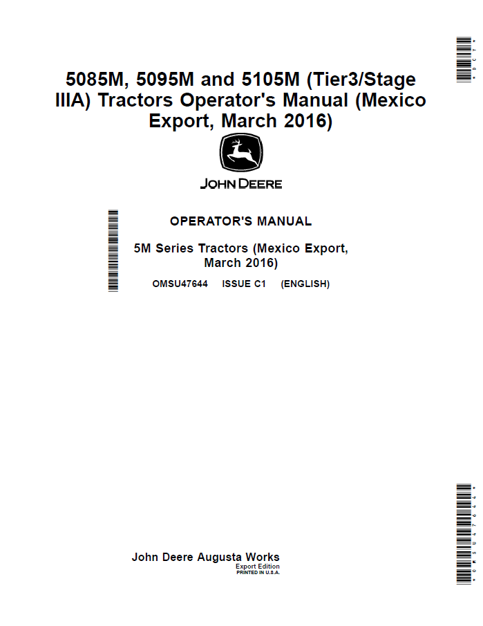 John Deere 5085M, 5095M and 5105M (Tier3/Stage IIIA) Tractors Operator Manual OMSU47644 PDF