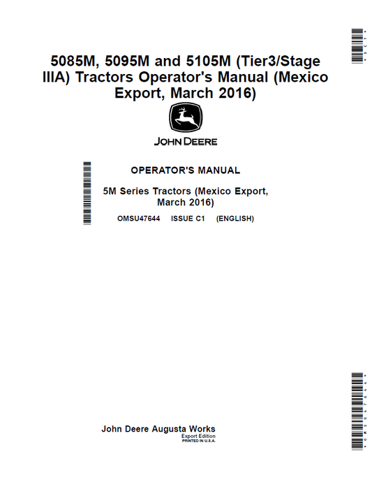 John Deere 5085M, 5095M and 5105M (Tier3/Stage IIIA) Tractors Operator Manual OMSU47644 PDF