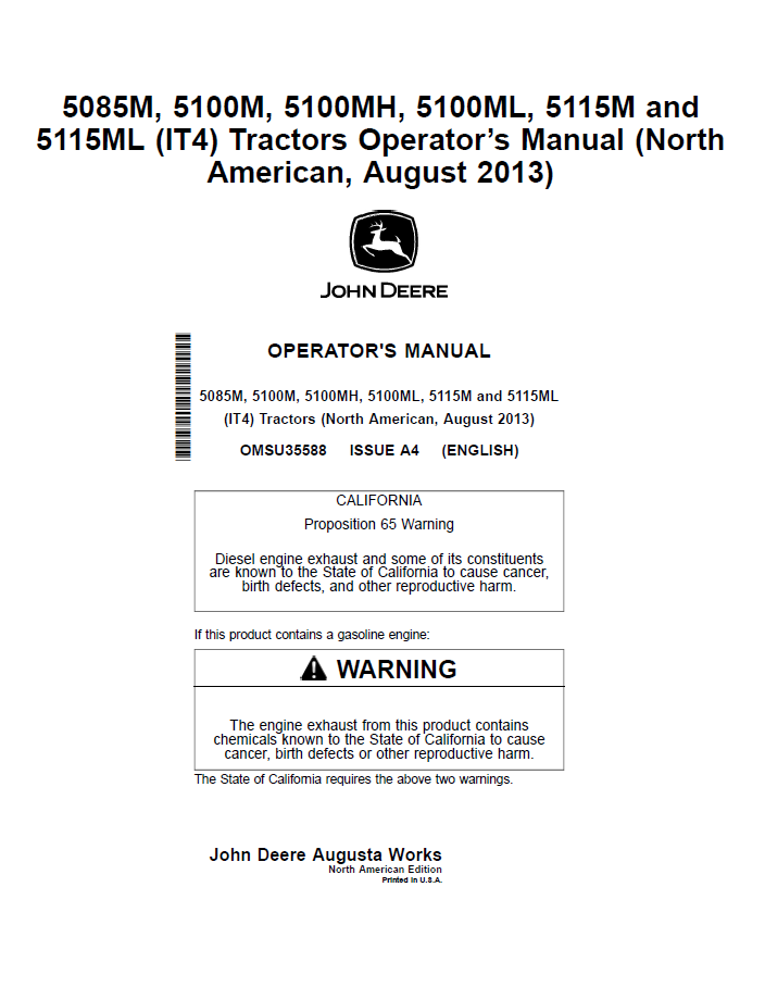 John Deere 5085M, 5100M, 5100MH, 5100ML, 5115M and5115ML (IT4)Tractors Operator Manual OMSU35588 PDF