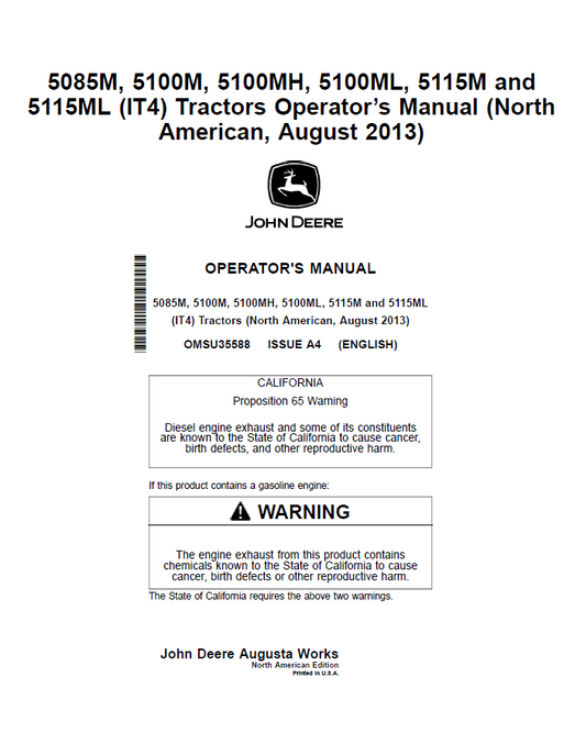 John Deere 5085M, 5100M, 5100MH, 5100ML, 5115M and5115ML (IT4)Tractors Operator Manual OMSU35588 PDF