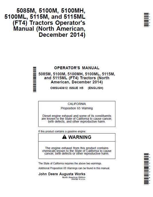 John Deere 5085M, 5100M, 5100MH, 5100ML, 5115M and 5115ML (FT4)Tractors Operator Manual OMSU43612 PDF