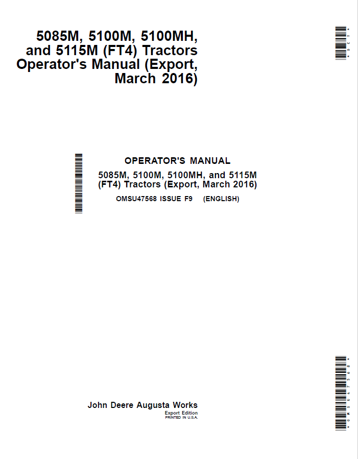 John Deere 5085M, 5100M, 5100MH, and 5115M (FT4) Tractors Operator Manual OMSU47568 PDF