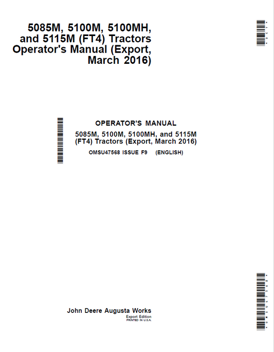 John Deere 5085M, 5100M, 5100MH, and 5115M (FT4) Tractors Operator Manual OMSU47568 PDF