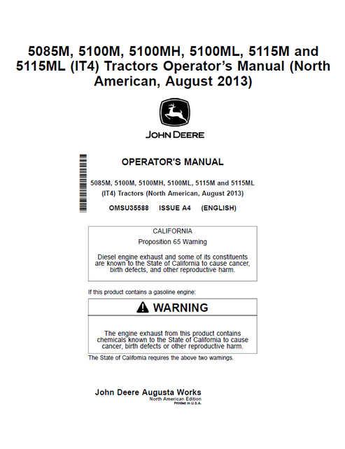 John Deere 5085M 5100M 5115M Tractor Operator Manual OMSU35588
