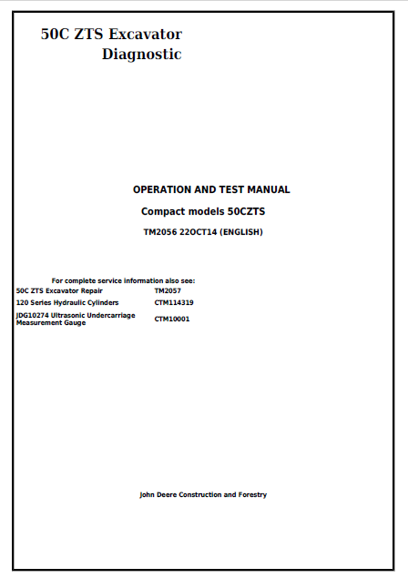 John Deere 50C ZTS Excavator Operation and Test Manual TM2056 PDF 