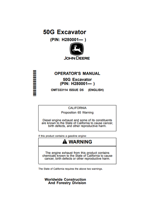 John Deere 50G Excavator Operator Manual OMT333114