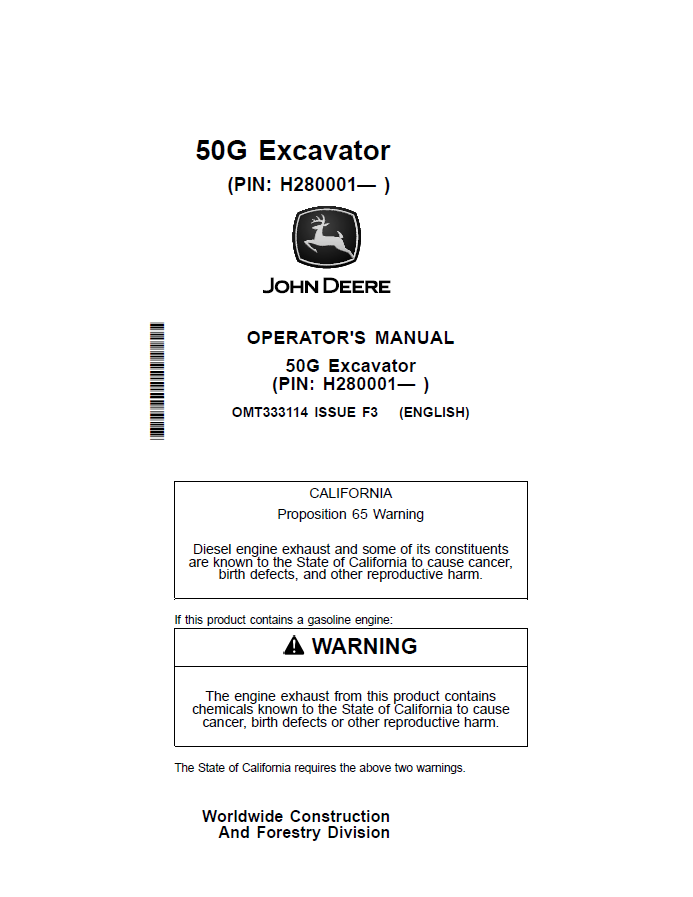 John Deere 50G Excavator Operator Manual OMT333114 PDF