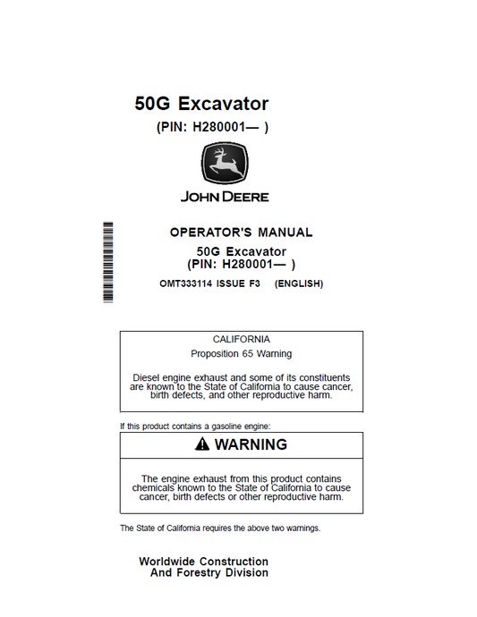 John Deere 50G Excavator Operator Manual OMT333114 PDF