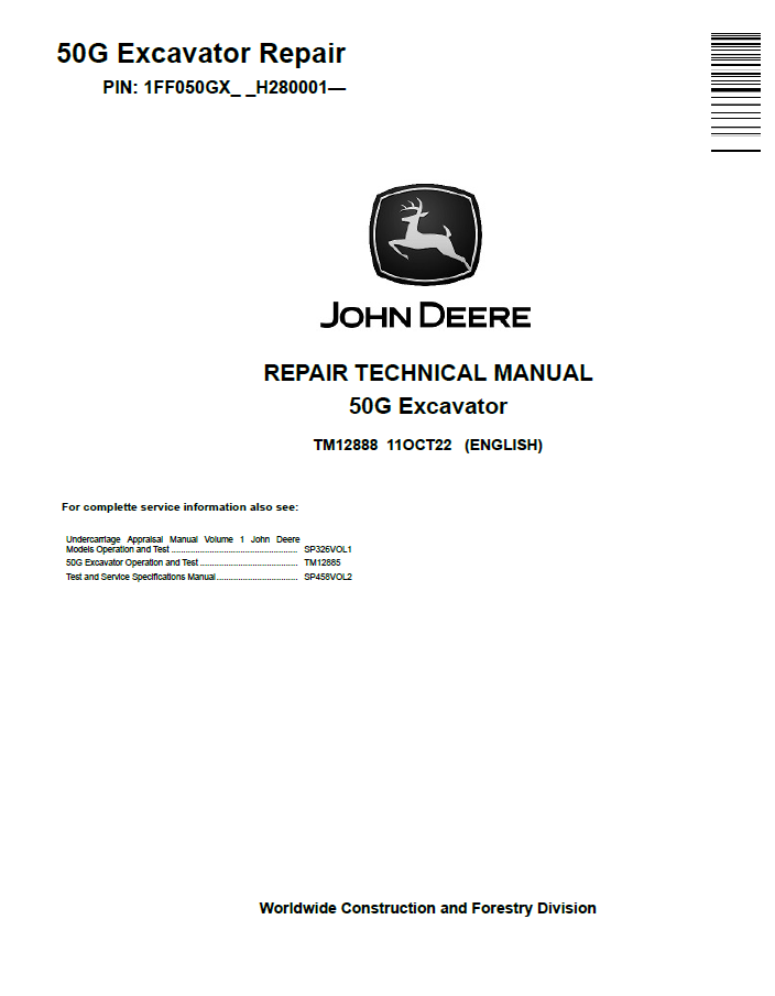 John Deere 50G Excavator Repair Technical Manual TM12888 PDF