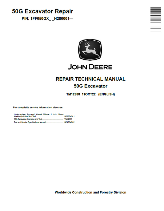 John Deere 50G Excavator Repair Technical Manual TM12888 PDF