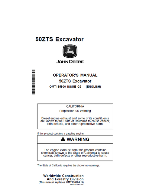 John Deere 50ZTS Excavator Operator Manual OMT185900 PDF