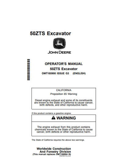 John Deere 50ZTS Excavator Operator Manual PDF OMT185900