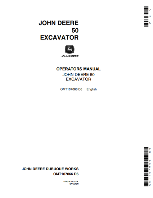 John Deere 50 Excavator Operator Manual OMT107066 PDF