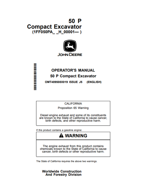 John Deere 50 P Compact Excavator Operator & Maintenance Manual