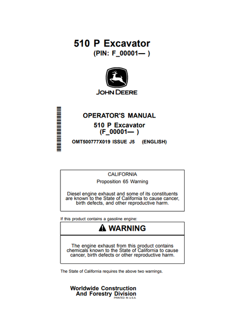 John Deere 510 P Excavator Operator & Maintenance Manual OMT500777X019