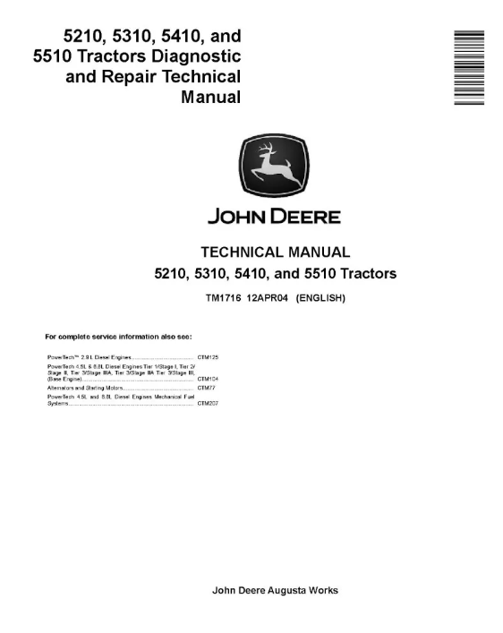 John Deere 5210,5310,5410 and 5510 Tractor Diagnostic and Repair Technical Manual TM1716 PDF