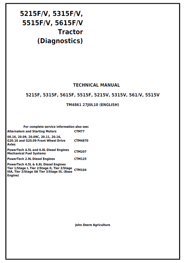 John Deere 5215F, 5315F, 5615F, 5515F, 5215V, 5315V, 561/V, 5515V Tractor Technical Manual TM4861