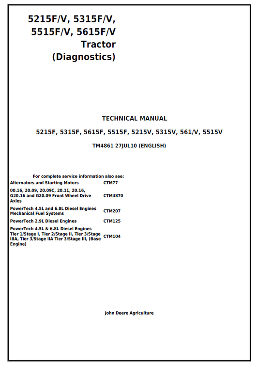 John Deere 5215F, 5315F, 5615F, 5515F, 5215V, 5315V, 561/V, 5515V Tractor Technical Manual TM4861