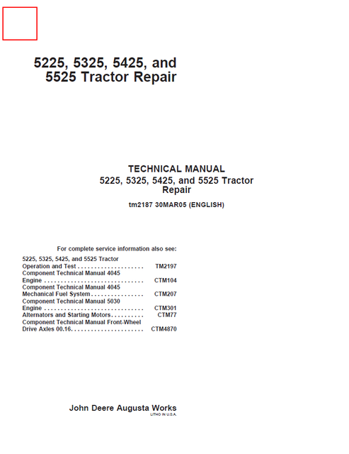 John Deere 5225 5325 5425 5525 Tractor Repair Manual TM2187