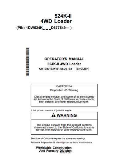 John Deere 524K-II 4WD Loader Operator Manual OMT387133X19