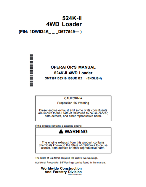 John Deere 524K-II 4WD Loader Operator Manual OMT387133X19