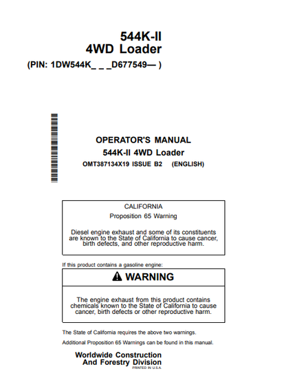 John Deere 524K-II 4WD Loader Operator Manual OMT387134X19