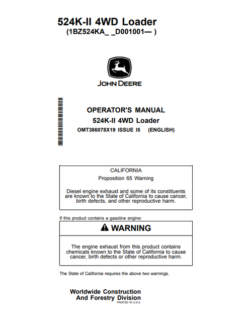 John Deere 524K-II 4WD Loader Operator Manual PDF OMT386078X19