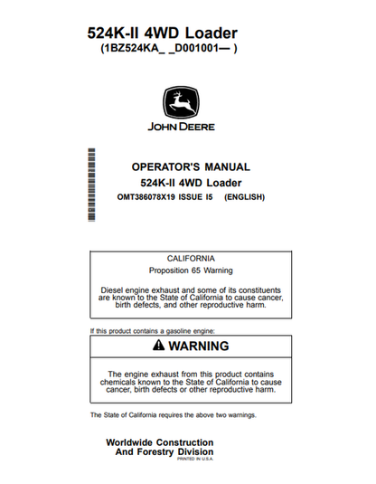 John Deere 524K-II 4WD Loader Operator Manual PDF OMT386078X19