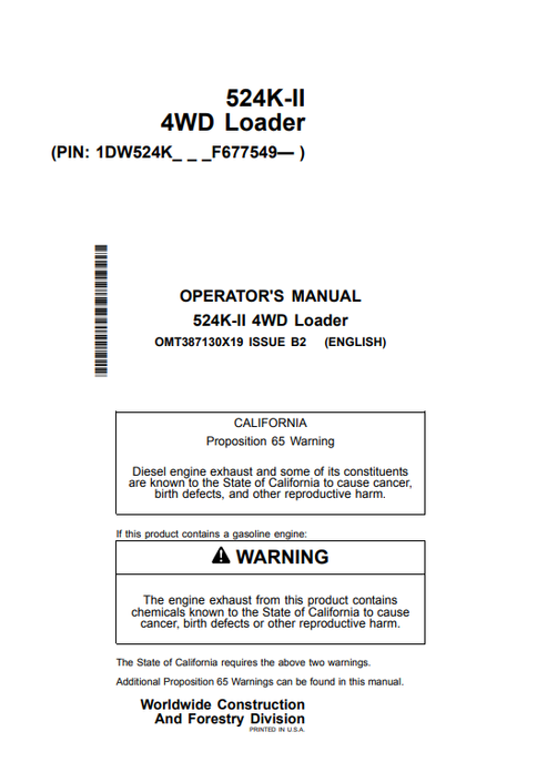 John Deere 524K-II 4WD Loader Operator Manual PDF OMT387130X19