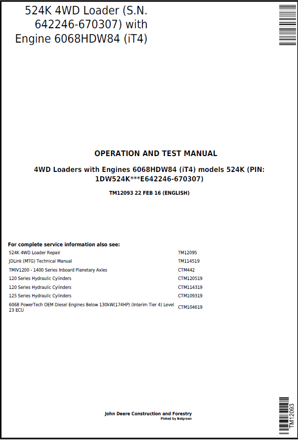 John Deere 524K 4WD Loader Operation and Test Manual TM12093 PDF