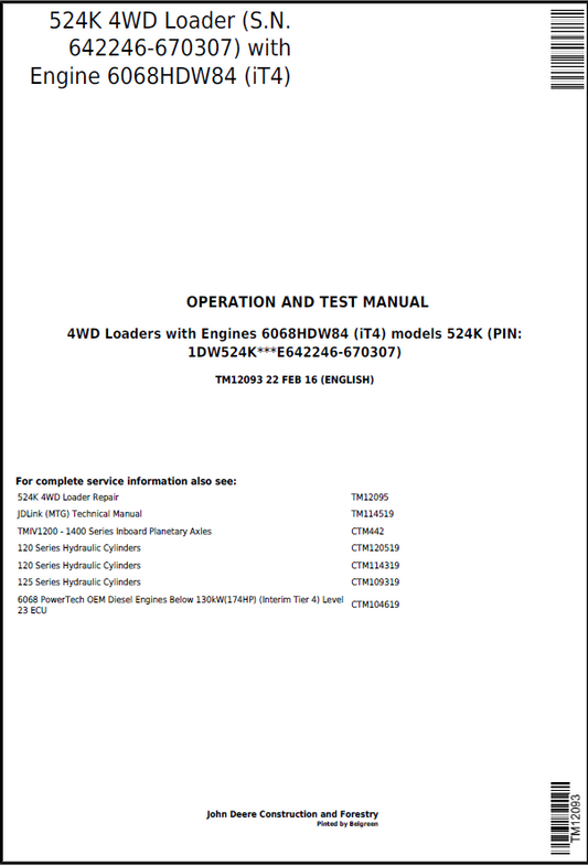 John Deere 524K 4WD Loader Operation and Test Manual TM12093 PDF