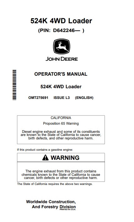 John Deere 524K 4WD Loader Operator Manual OMT275691 PDF