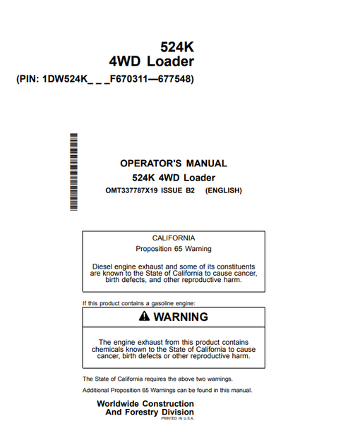 John Deere 524K 4WD Loader Operator Manual OMT337787X19