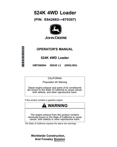 John Deere 524K 4WD Loader Operator Manual PDF OMT260584