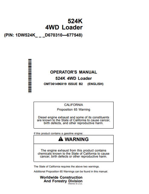 John Deere 524K 4WD Loader Operator Manual PDF OMT361496X19