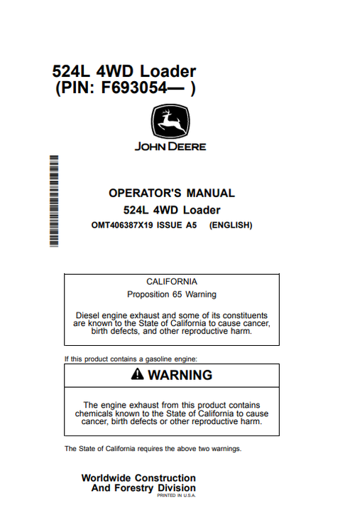 John Deere 524L 4WD Loader Operator Manual PDF
