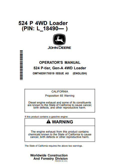 John Deere 524 P-Tier Gen-A 4WD Loader Operator Manual PDF