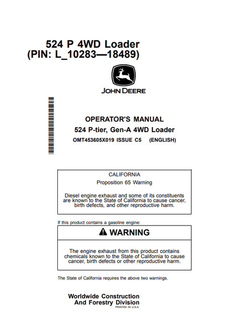 John Deere 524 P-Tier Gen-A 4WD Loader Operator Manual PDF
