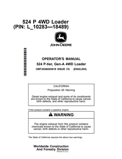 John Deere 524 P-Tier Gen-A 4WD Loader Operator Manual PDF
