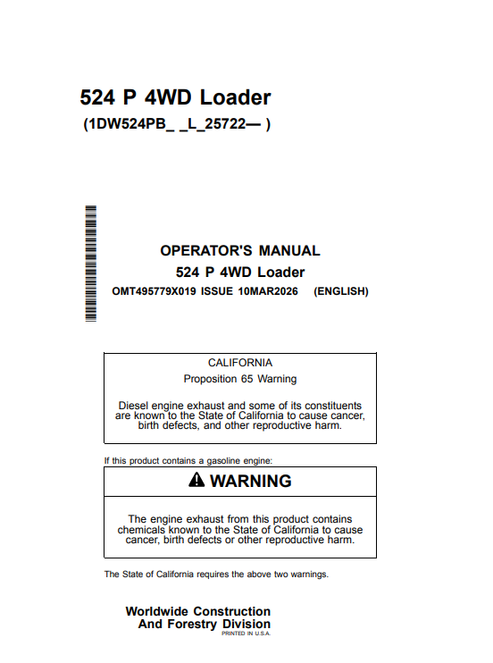 John Deere 524 P 4WD Loader Operator Manual PDF OMT495779X019