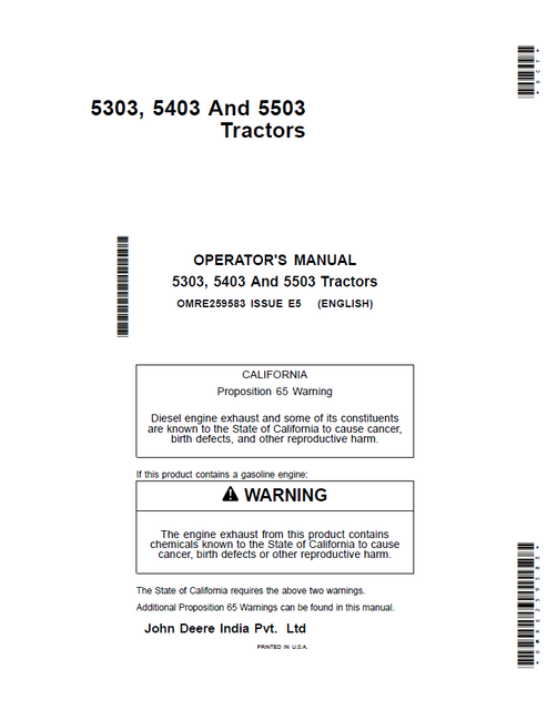 John Deere 5303, 5403 & 5503 Tractor Operator Manual OMRE259583